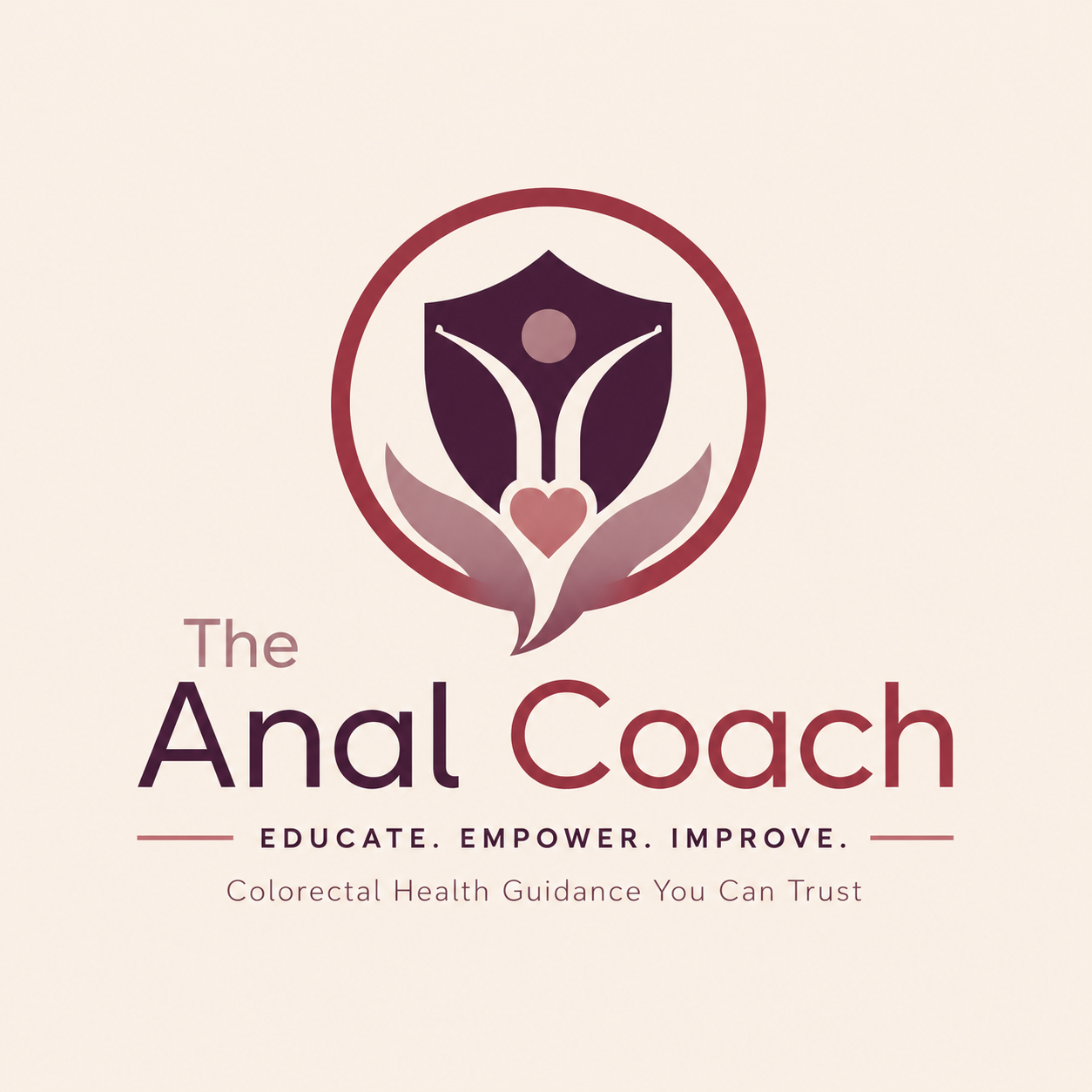 The Anal Coach logo — a shield, figure, and leaves in deep plum, burgundy and mauve